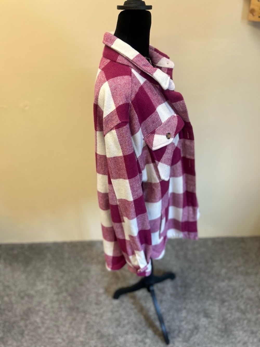 Plaid Pea Coat shacket Jacket in Pink & White Size L Perfect Condition - Picture 4 of 8